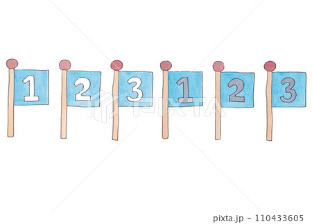 水性ペンと透明水彩絵の具で描いた水色番号旗のイラスト横並び6個セット 水性ペンと透明水彩絵の具で描いた水色番号旗のイラスト横並び6個セット 110433605