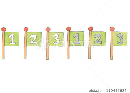 水性ペンと透明水彩絵の具で描いた黄緑色番号旗のイラスト横並び6個セット 110433625