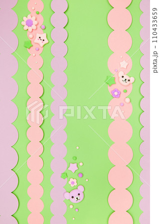 cute cartoon animals, flowers, stars pastel green kawaii banner background 110433659