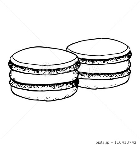 Two sweet macaroons cookies vector black and white illustration for cafe and bakery menu designs Two sweet macaroons cookies vector black and white illustration for cafe and bakery menu designs 110433742