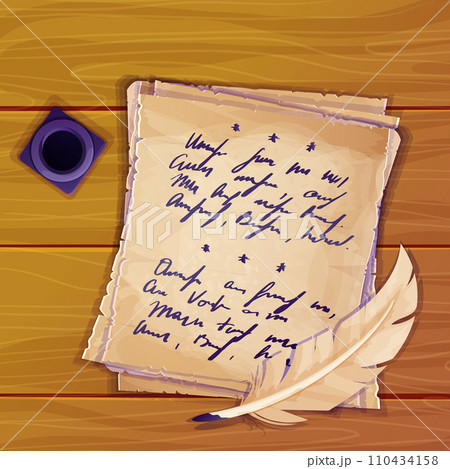 Parchment paper, torn old sheet with unreadble scrit inkwell and feather pen on wooden desk in cartoon style, textured empty note isolated on white background. Game ui elements Parchment paper, torn old sheet with unreadble scrit inkwell and feather pen on wooden desk in cartoon style, textured empty note isolated on white background. Game ui elements 110434158