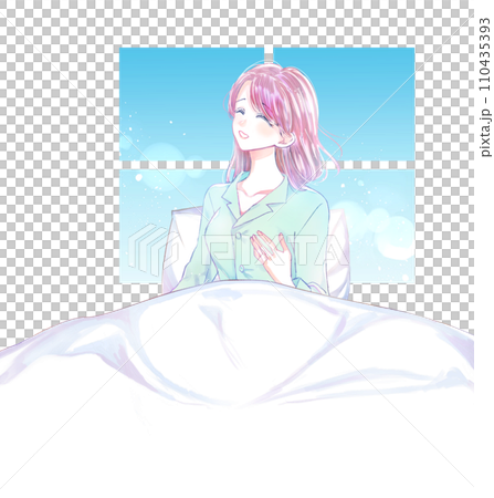 A woman in pajamas with a refreshing atmosphere on the bed, window A woman in pajamas with a refreshing atmosphere on the bed, window 110435393