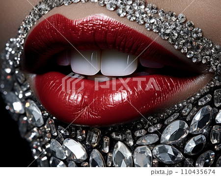 AI-generated content. Plump lips with red lipstick encrusted with rhinestone crystals AI 110435674