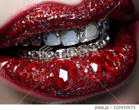 AI-generated content. Crystal grillz teeth in a woman's mouth with plump lips painted with red lipstick. AI 110435675
