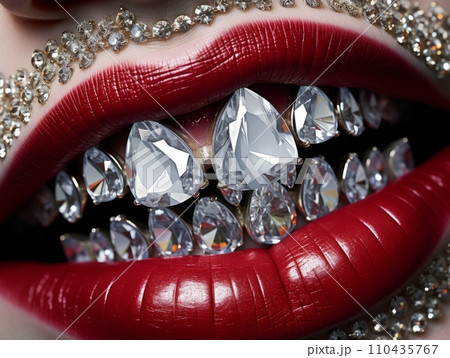AI-generated content. Crystal grillz teeth in a woman's mouth with plump lips painted with red lipstick. AI AI-generated content. Crystal grillz teeth in a woman's mouth with plump lips painted with red lipstick. AI 110435767