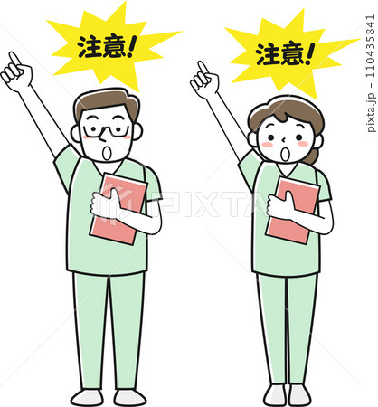 指差して注意を喚起する医療従事者の男女 指差して注意を喚起する医療従事者の男女 110435841