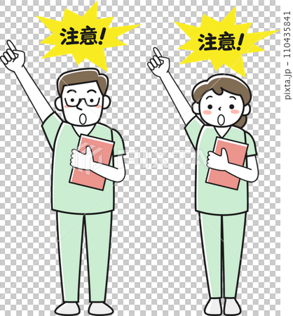 指差して注意を喚起する医療従事者の男女 指差して注意を喚起する医療従事者の男女 110435841