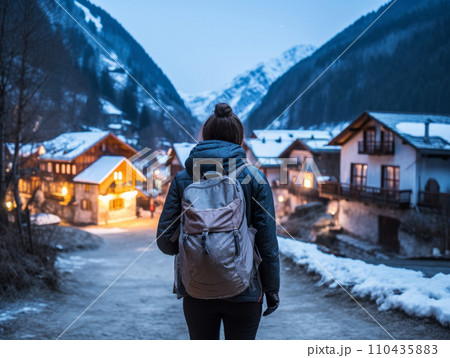 AI-generated content. Girl with a tourist backpack enjoys the mountain winter landscape 110435883