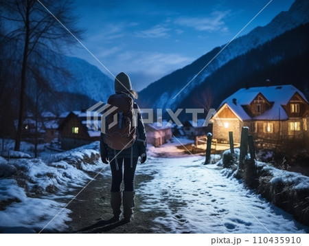 AI-generated content. Girl with a tourist backpack enjoys the mountain winter landscape AI-generated content. Girl with a tourist backpack enjoys the mountain winter landscape 110435910