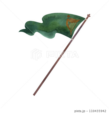 A fluttering green banner on a long pole. Vintage flag of Ireland with golden harp. Vintage. Isolated watercolor illustration on white background. Clipart. A fluttering green banner on a long pole. Vintage flag of Ireland with golden harp. Vintage. Isolated watercolor illustration on white background. Clipart. 110435942