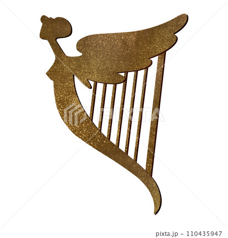 Golden Celtic harp with a female silhouette. Symbol of Ireland. St.Patrick 's Day. Isolated watercolor illustration in vintage style. 110435947
