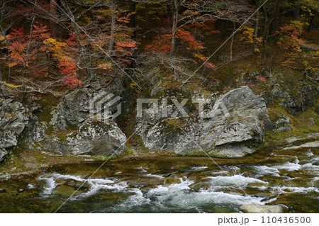 塩原渓谷の箒川の流れに岩 110436500