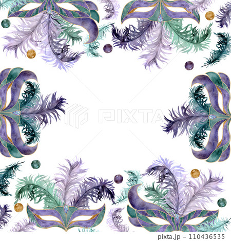 Hand drawn watercolor Mardi Gras carnival symbols. Theater masquerade circus mask with feathers beads, gold purple green. Square frame isolated on white background. Design party invitation print, shop Hand drawn watercolor Mardi Gras carnival symbols. Theater masquerade circus mask with feathers beads, gold purple green. Square frame isolated on white background. Design party invitation print, shop 110436535