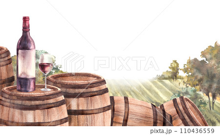 Watercolor hand drawn wine label. Wooden barrels, bottle, glass of red wine in front of vineyards rural landscape with grape fields, trees. Winemaking. Painted illustration isolated, white background Watercolor hand drawn wine label. Wooden barrels, bottle, glass of red wine in front of vineyards rural landscape with grape fields, trees. Winemaking. Painted illustration isolated, white background 110436559