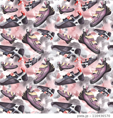 Climbing boulder shoes, different colours and sizes, seamless pattern Sport watercolor illustration hand draw isolated, white background with aquarelle splashes Repeating print for wrapping, wallpaper 110436570