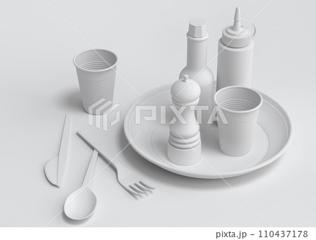 Set of disposable utensils like plate, folk, spoon,knife, cup and pepper mill 110437178