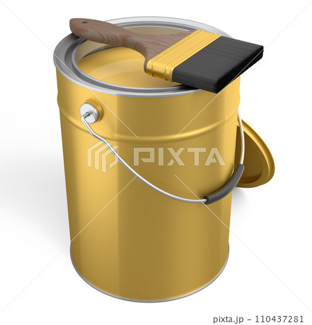 Open metal can or buckets with paint bristle brush on white background. 110437281