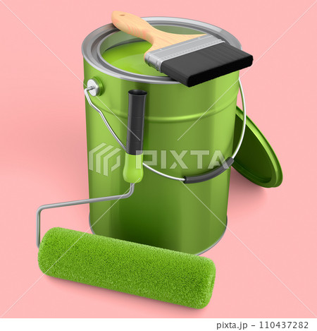 Open metal can with paint roller and bristle brush on pink background. Open metal can with paint roller and bristle brush on pink background. 110437282