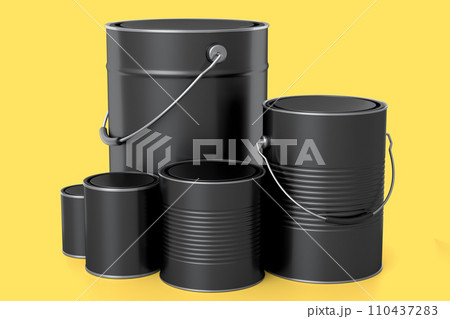 Set of metal can or buckets of paint in row pattern on yellow background. 110437283