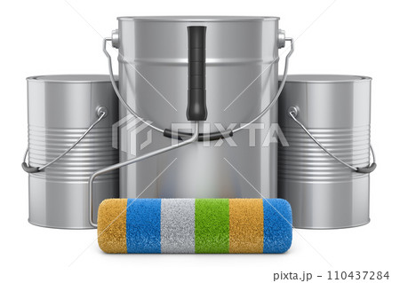 Set of metal can with paint roller for painting walls on white background. Set of metal can with paint roller for painting walls on white background. 110437284