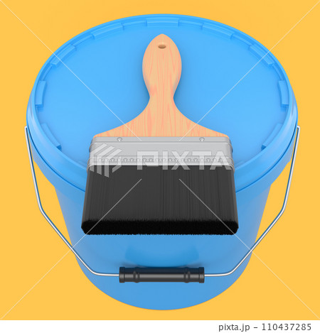 Closed plastic can or buckets with paint bristle brush on yellow background. Closed plastic can or buckets with paint bristle brush on yellow background. 110437285