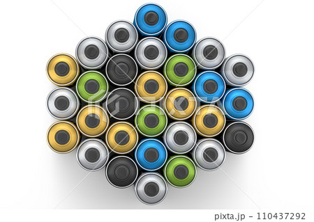Set of spray paint cans in row on white background. Spray bottle and dispenser 110437292