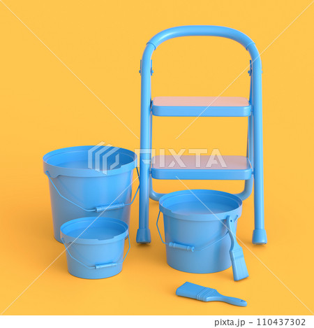Set of folding ladder, bucket with paint rollers and brushes on monochrome. Set of folding ladder, bucket with paint rollers and brushes on monochrome. 110437302