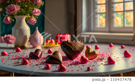 テーブルの上に散らばった、様々な形のバレンタインチョコレート 110437476