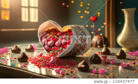 テーブルの上に散らばった、様々な形のバレンタインチョコレート 110437477