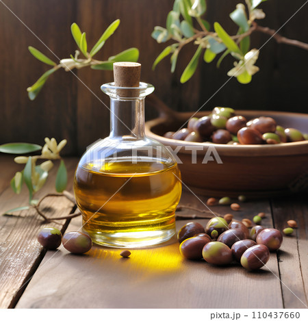 Jojoba oil in bottle on wooden backgrounds 110437660