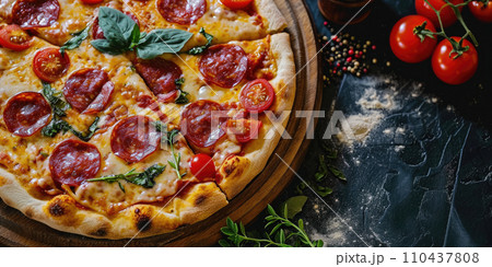 AI-generated content. Pizza with salami, mozzarella and tomatoes on a dark background. AI generated. 110437808