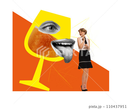 Contemporary art collage. Playful and flirty glass of cold light lager foamy beer looks at beautiful girl in retro clothes. 110437951