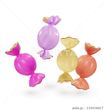 3d Candy in Wrapper Set Sweet Dessert Food Cartoon Style Isolated on a White Background. Vector illustration of Sachet Wrap Mockup 110438027