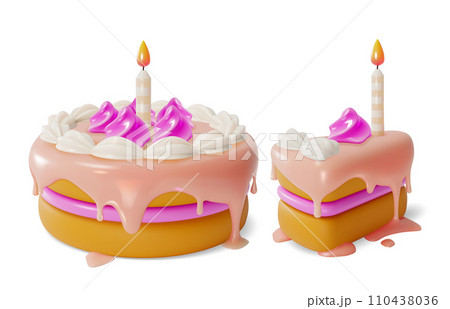 3d Birthday Cake with Candle Cartoon Style Piece and Whole Isolated on a White Background. Vector illustration 3d Birthday Cake with Candle Cartoon Style Piece and Whole Isolated on a White Background. Vector illustration 110438036