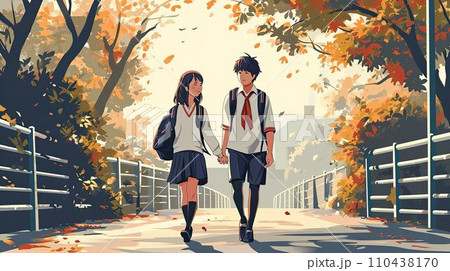 笑顔で歩く高校生のカップル 110438170