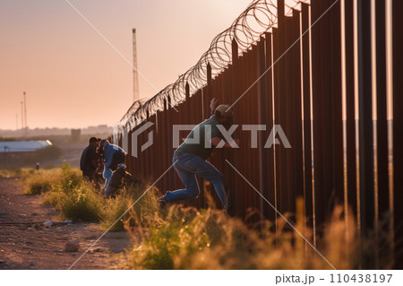 Refugees crossing border. Migrants cross border illegally. 110438197