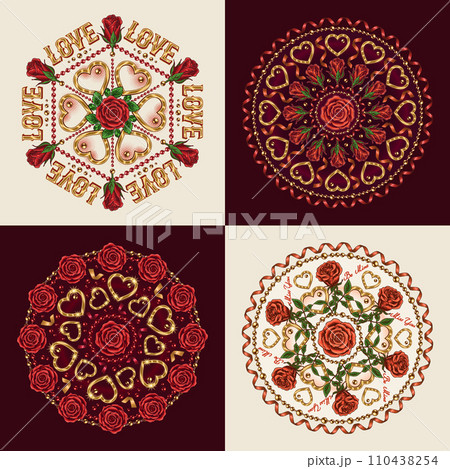 Valentines Day circular ornaments with hearts, red roses, spiral ribbons, text. Vintage style. For greeting card, wedding, engagement, event decoration. 110438254