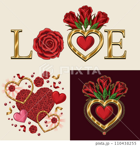 Valentines Day compositions with golden hearts, bouquet with red roses. Jewelry design elements for greeting card, wedding, engagement event decoration. Vintage style 110438255