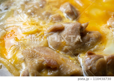 親子丼調理シーン。鶏肉と玉ねぎを卵とじする。 親子丼調理シーン。鶏肉と玉ねぎを卵とじする。 110438730