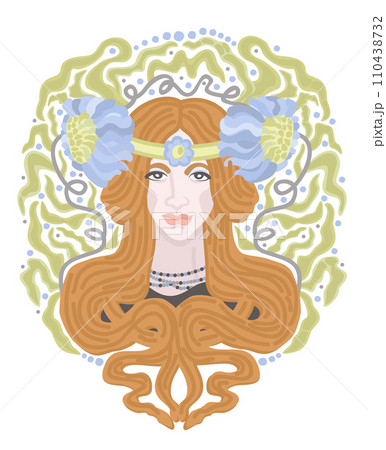 Redhead woman in flowers. Art nouveau isolated illustration. 110438732