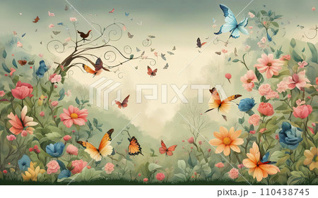 Beautiful fairytale floral landscape with butterflies with bright colors. Picture for design of books and fairy tales 110438745