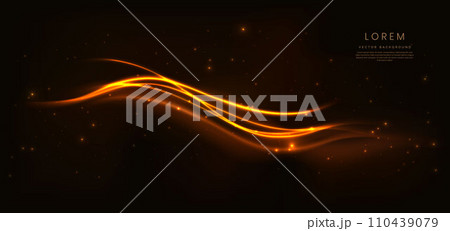 Abstract gold curved lines on black background with lighting effect bokeh and copy space for text. Abstract gold curved lines on black background with lighting effect bokeh and copy space for text. 110439079