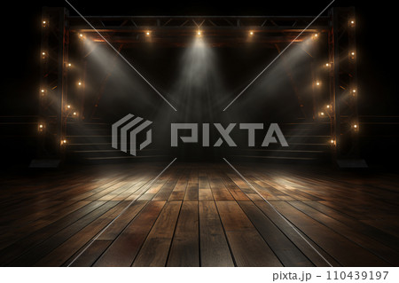 Dramatic Spotlight Illuminates Empty Wooden Stage 110439197