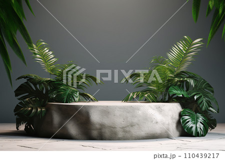 3D Podium Display with Tropical Leaves in Morning Light 110439217