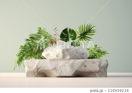 3D Podium Display with Tropical Leaves in Morning Light 110439218