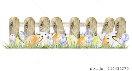 Watercolor hand drawn spring Easter composition with wooden fence, white rabbit colorful eggs and crocuses. Floral sunny arrangement for holiday decor, greeting card, invitation,label 110439279