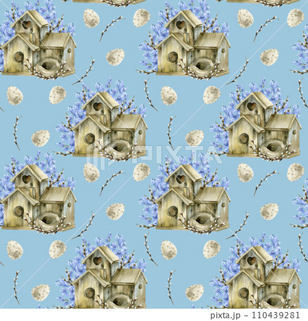 Watercolor spring floral Easter seamless pattern with wooden birdhouse, pale pastel eggs and lilac blue flowers on blue background for packing, textile, kitchen design. Cozy romantic texture 110439281