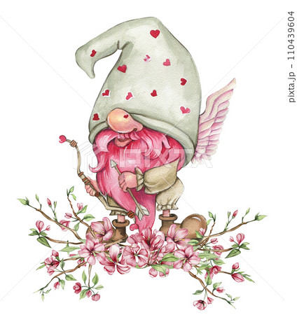 Composition with Valentines Nordic gnomes, Scandinavian gnomes and flowers. Cute valentine's day postcard. Watercolor elements for birthday,cake, holiday celebration design, greetings card,invitation. 110439604