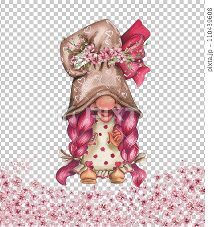 Composition with Valentines Nordic gnomes, Scandinavian gnomes and flowers. Cute valentine's day postcard. Watercolor elements for birthday,cake, holiday celebration design, greetings card,invitation. 110439608