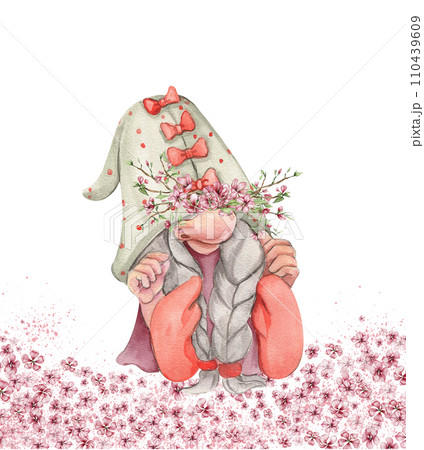 Composition with Valentines Nordic gnomes, Scandinavian gnomes and flowers. Cute valentine's day postcard. Watercolor elements for birthday,cake, holiday celebration design, greetings card,invitation. Composition with Valentines Nordic gnomes, Scandinavian gnomes and flowers. Cute valentine's day postcard. Watercolor elements for birthday,cake, holiday celebration design, greetings card,invitation. 110439609